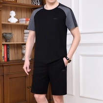 Short-sleeved shorts sports suit mens summer dad two-piece set color-dressing middle-aged mens large size sportswear thin