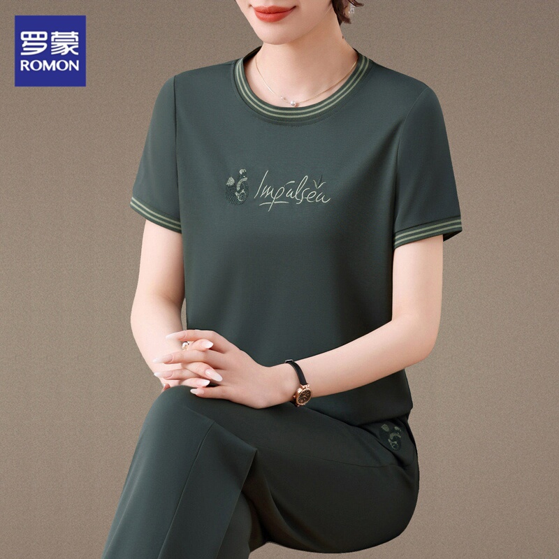 Romon Round Neck Short-Sleeve Set for Women, Summer Ice Silk Sportswear, Loose Running Casual Long Pants Two-Piece Thin Set