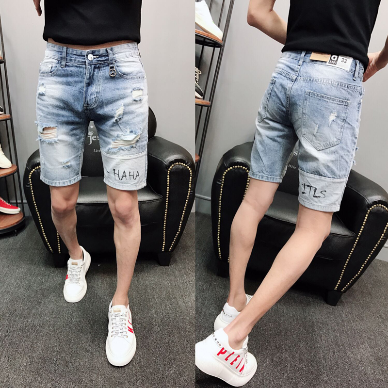 Thần quần short denim boy nam mùa hè mỏng quần năm điểm năm điểm quần short nam hole-in-the-lỗ quần sửa chữa quần nhỏ-mã.