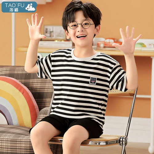 Детская летняя хлопковая пижама для мальчиков, детский динозавр, тонкий комплект, короткий рукав, подходит для подростков