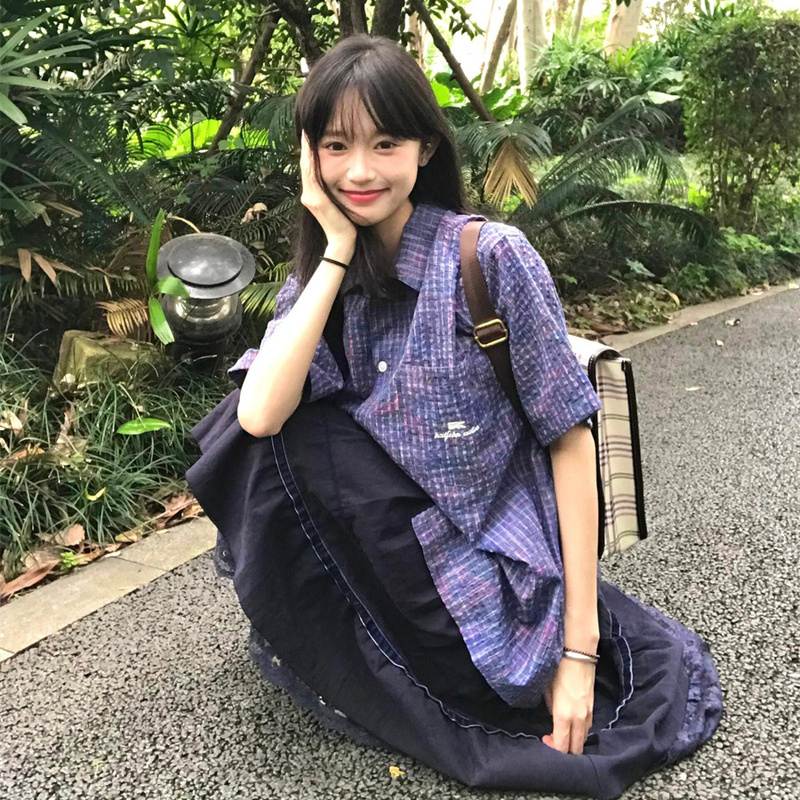 Japanese Retro Short-Sleeved Shirt for Women, Summer Colorful Plaid Shirt Jacket, Loose Casual Couple's Cuban Collar Top