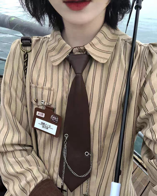 Spring and Autumn Style College-Style Loose Striped Color-Block Long-Sleeve Shirt for Women, Unique Design, Loose and Versatile Student Shirt