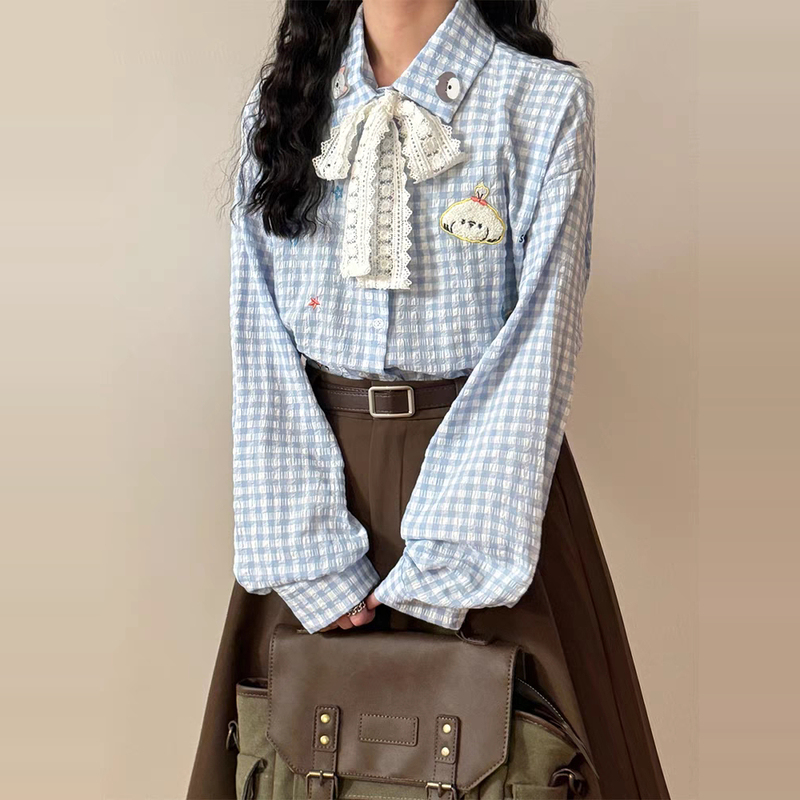 2025 New Early Spring Japanese Retro Fun and Cute Embroidered Pattern Textured Plaid Long-Sleeved Shirt Women's Jacket