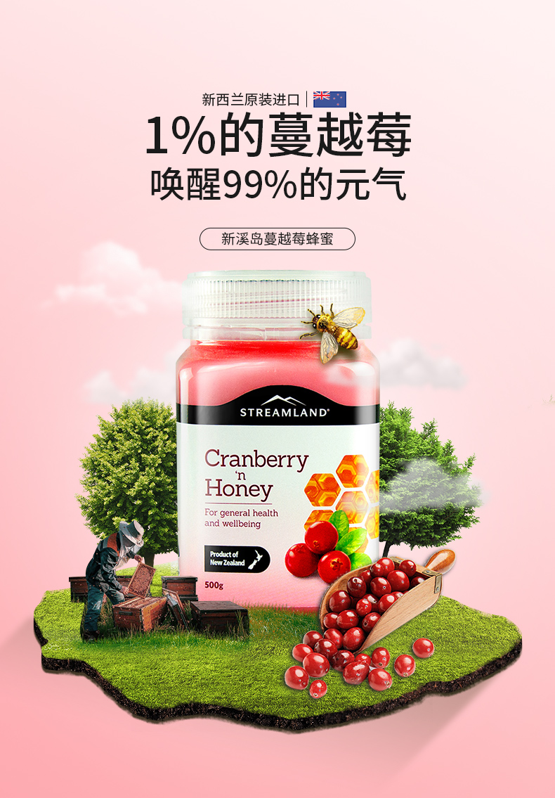 Streamland 新溪岛 蔓越莓蜂蜜 500g 双重优惠折后￥48包邮包税 奇异果蜂蜜可选