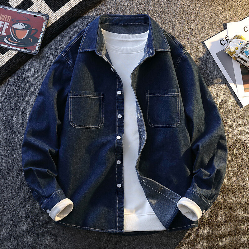 Spring and Autumn 14-Year-Old Pure Cotton Long-Sleeved Shirt 16-18-Year-Old Boys Junior High School Students Denim Shirt Jacket
