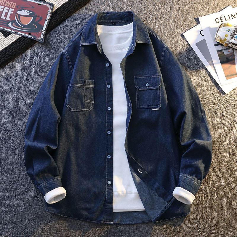 長袖デニムシャツ、純綿素材、スタイリッシュでクールなデザインで、10代の男の子に最適。中学生や高校生にも適しており、薄手でトレンディ。