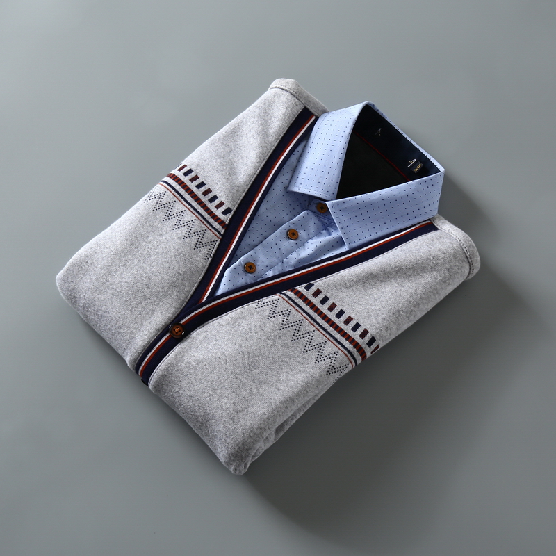 Mùa đông mới ấm áp giả hai tay áo dài nam cộng với áo nhung dày cổ áo len khâu áo khoác mỏng blazer nam