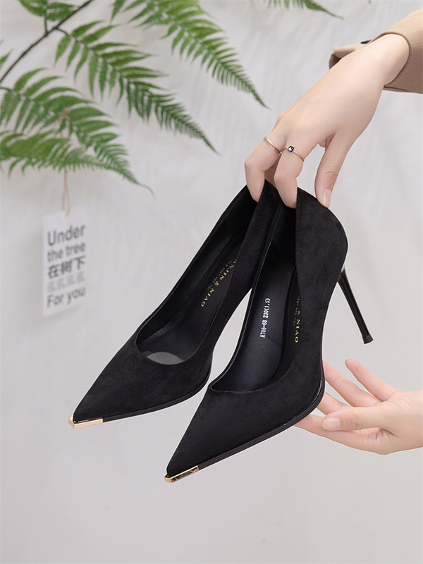 Brazed Gold Bird Fashion Metal Head Black High Heels for Women 2023 New Sexy Pointed Toe Stiletto French Flats for Women