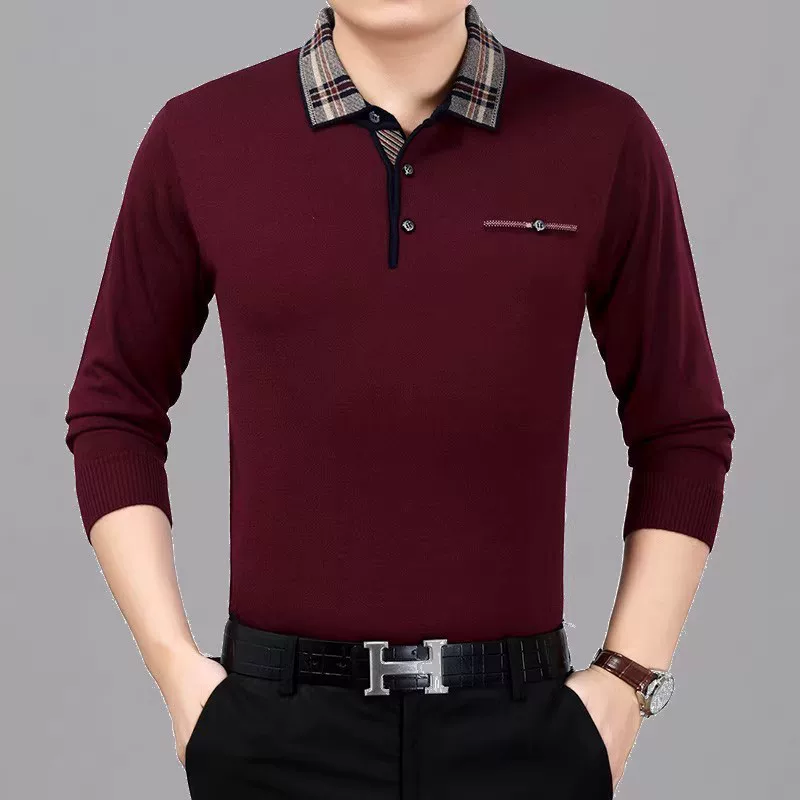 Men's demi-season long-sleeve, knitted polo, for middle age, loose fit