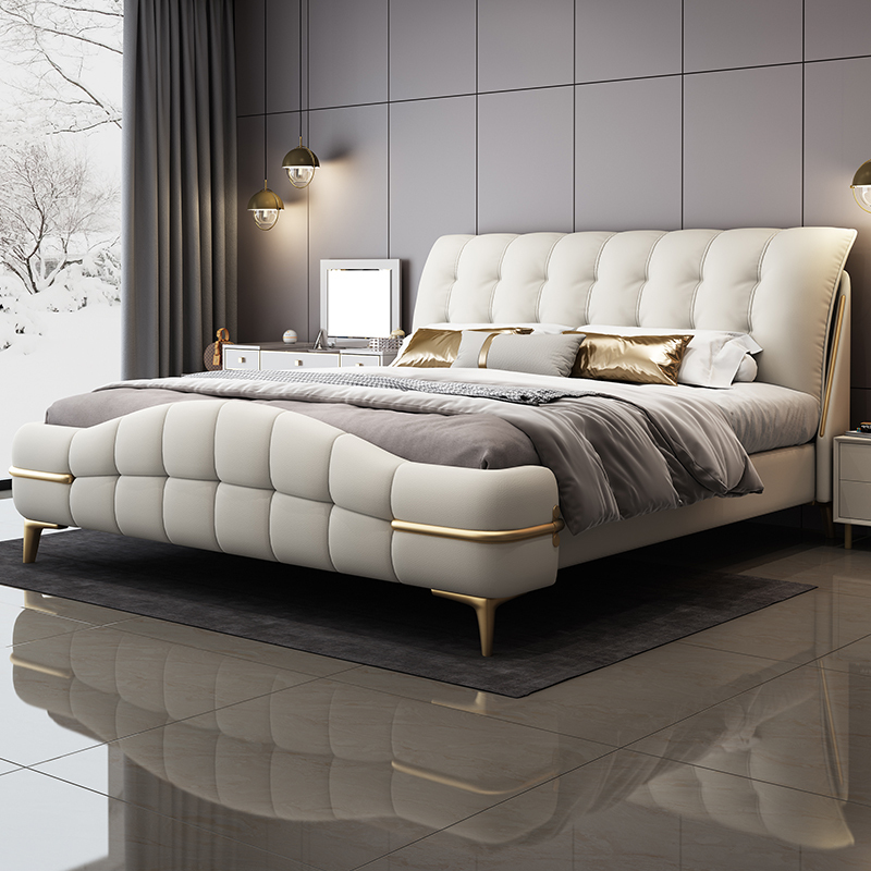 Genuine Leather Bed, Modern and Simple 2024 New Model, Wedding Double Bed for Master Bedroom, Elegant and High-End Italian-Style Light Luxury Upholstered Large Bed
