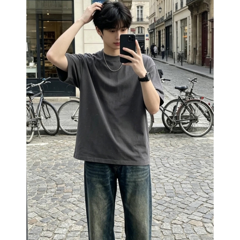American Style 260g Simple Dark Gray Heavyweight Pure Cotton Short-Sleeved T-Shirt for Men and Women, Summer Basic Loose Fit Regular Shoulder Top