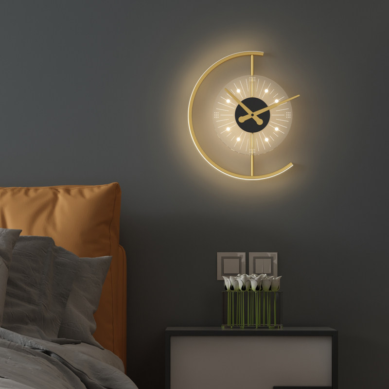 Wall lamp with clock Light luxury living room background wall Video wall Aisle wall lamp Nordic silent clock Bedroom bedside lamp