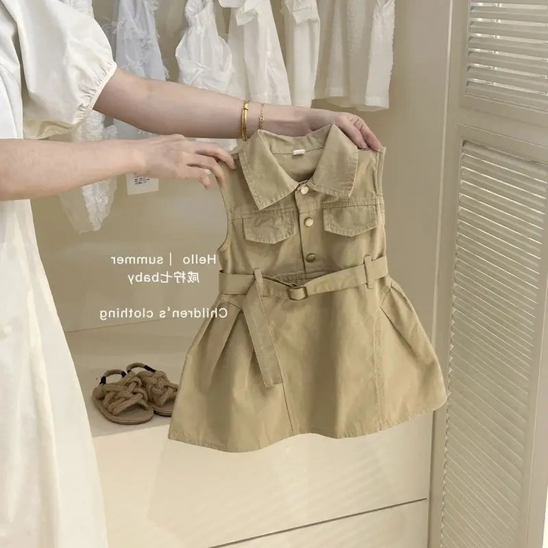 Baby Girl's Workwear Style Sleeveless Vest Dress, Thin 2025 New Summer Dress, Stylish Shirt Dress for Girls Baby Girl's Workwear Style Sleeveless Vest Dress, Thin 2025 New Summer Dress, Stylish Shirt Dress for Girls
