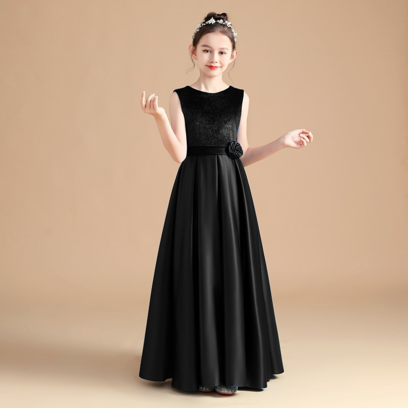 Piano Performance Dress Satin Girls' Host Violin Black Korean Velvet High-End Dress Elegant Slim Long Style