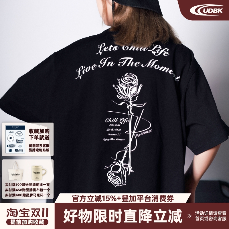 Underbroken (Udbk) Linear Rose Print Retro Heavy Cotton Casual Short-Sleeved National Trend Casual T-Shirt Underbroken (Udbk) Linear Rose Print Retro Heavy Cotton Casual Short-Sleeved National Trend Casual T-Shirt