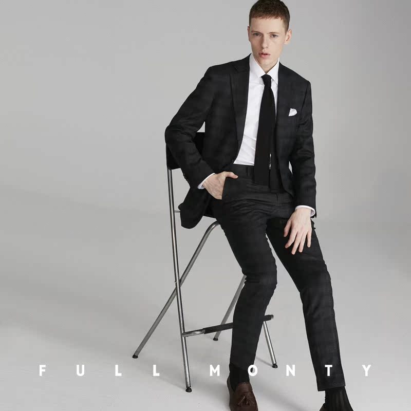 Full Monty Xuân / Hè tối Grey Plaid Business Suit nam cưới Suit Slim Groom