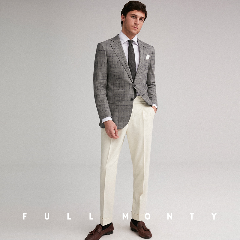 Full Monty Grey Hoàng tử sọc ca rô Blue Line Độc Tây Men phẳng cắt đúp Fork làm việc Suit Lên trên