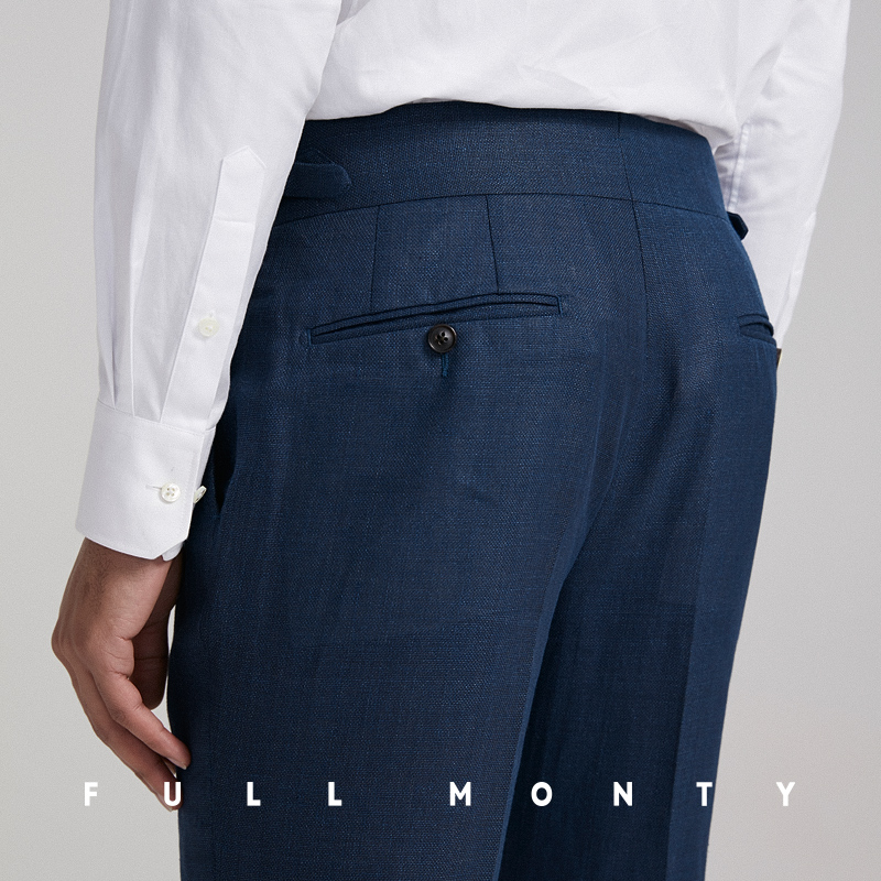 Full Monty Tây Tạng xanh thô dệt tre kết cấu phần dipants đàn ông điều chỉnh eo cao dài quần âu.