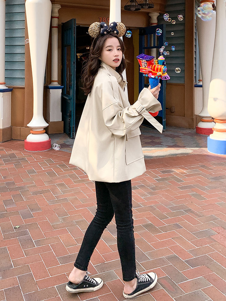 Leather jacket female short section small man spring and autumn 2021 new fried street short loose all-match pu stand-up collar jacket