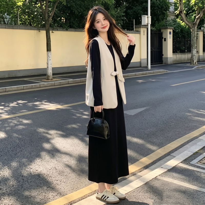 2026 Very Beautiful High-End French-Style Dress Set for Women, Spring and Autumn Long-Sleeved New Style Vest and Skirt Two-Piece Set