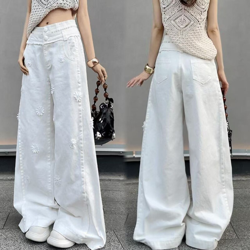 American-Style Daisy Embroidered White Denim Wide-Leg Pants for Women, New Spring/Summer High-Waisted Loose Slimming Straight-Leg Casual Pants