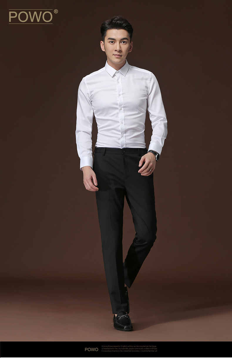 POWO áo sơ mi dài tay nam mùa xuân phiên bản Hàn Quốc của áo sơ mi không sắt tự luyện cotton kinh doanh quần áo cotton giản dị - Áo sơ mi cổ trụ