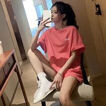 Pink Short Sleeve T-shirt Female ins Chains Chaonets Red 2022 The long section of the loose Korean version of the loose Korean version of the Lazy Jacket