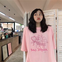 2020 Summer new pink cupids cat printed short sleeve T-woman European and American retro short sleeve blouses