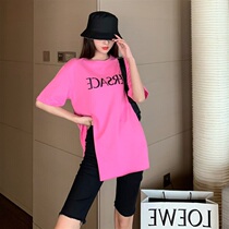 Red open fork short sleeve t-shirt woman 2020 new loose design sensation little crowdport wind in the middle of a blouse
