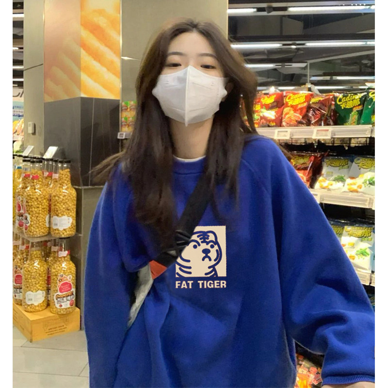 Klein Blue Sweatshirt Women Spring and Autumn Pull-over Thin Year of the Tiger Design Niche Little Man Blue Fried Street Tops