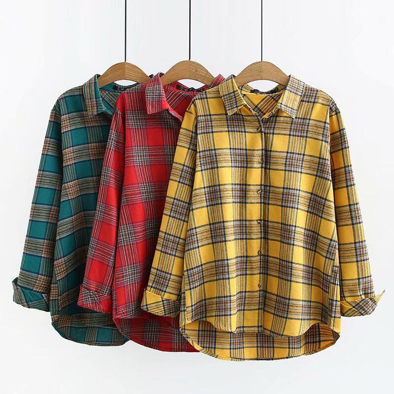 Fat mom autumn clothes large size women's cotton plaid shirt middle-aged fat mom Western style top to cover the belly spring and autumn