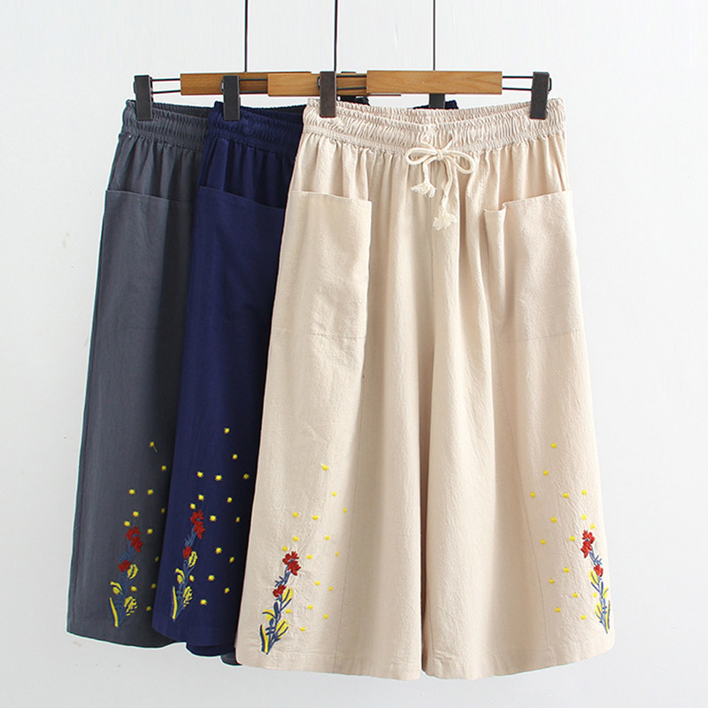 Middle aged ultra-fat large size women's clothes Summer cotton linen women pants 70% thin ladies retro fatter Mama wide-legged pants loose