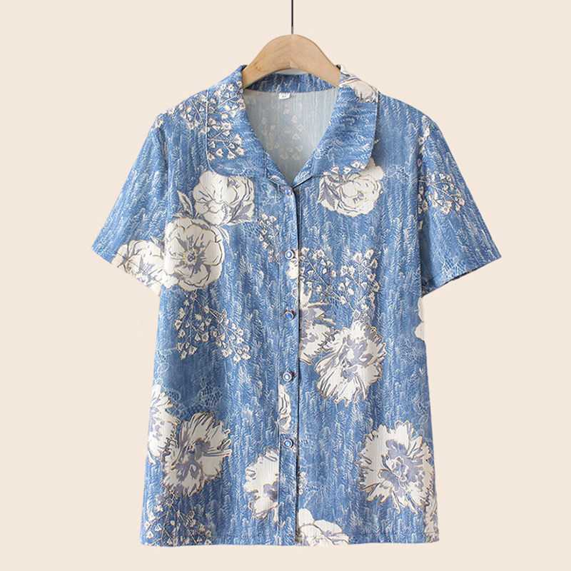 Middle-aged and elderly women's summer new mother short sleeve shirt large size elderly summer women grandmother wear tops thin section