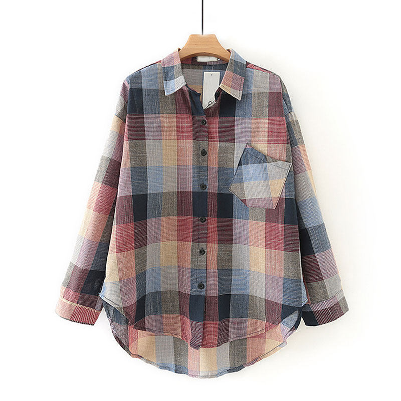 Middle aged 50 Mom pure cotton shirt middle-aged fat mom gats up overweight cotton plaid cotton shirt woman