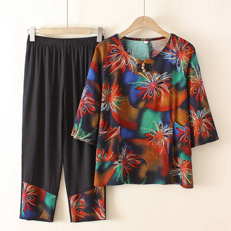 Large size women's mother's summer suit cotton and linen women's plus fertilizer plus grandma print top two-piece old man's clothes