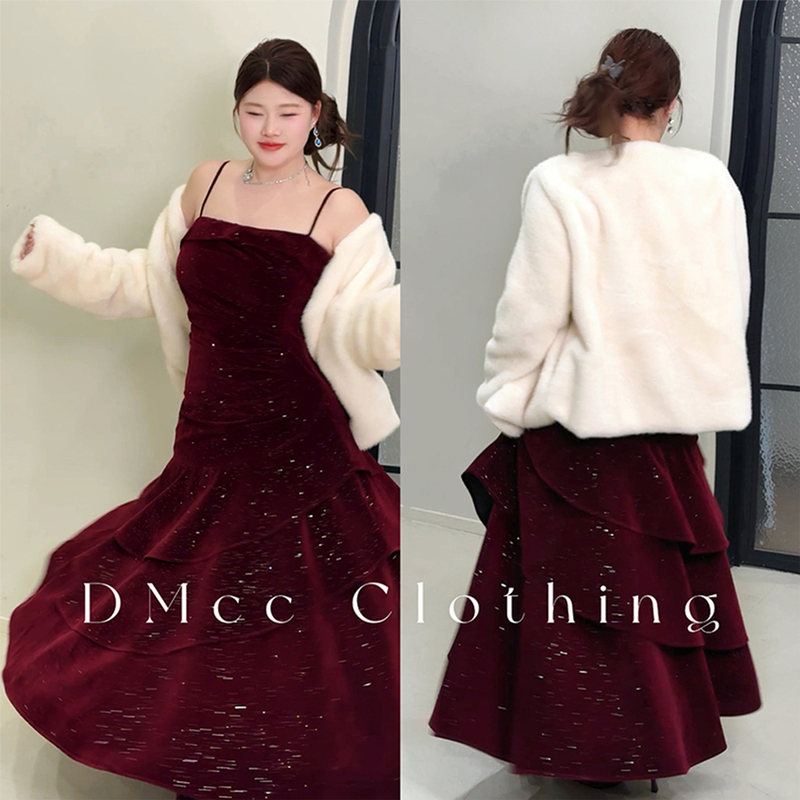 Dmcc Big Honey【Red Velvet Dream】Red Velvet New Year Wedding Banquet Dress for Slightly Chubby Women Plus Size Winter Dress