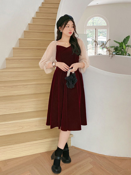 Plus-Size High-End A-Line Red Engagement Toast Dress, Birthday Dress, Velvet Large-Size Dress for Women, Spring and Autumn, Slimming Effect 7