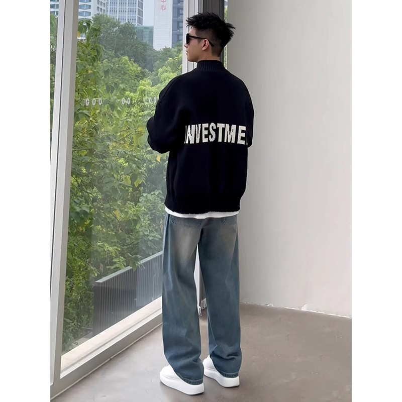 Black Stand-Up Collar Cardigan Sweater for Men, Spring and Autumn Outerwear, High-End Loose and Lazy Style Oversize Knitted Jacket