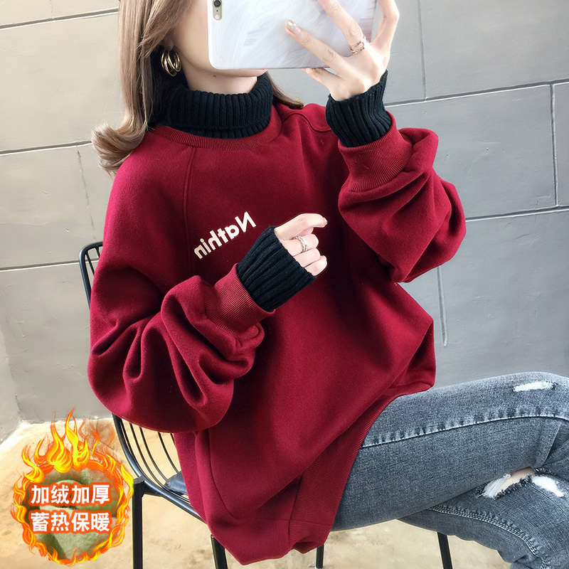 加绒加厚卫衣女2019新款秋冬装韩版高领拼接宽松ins假两件外套潮