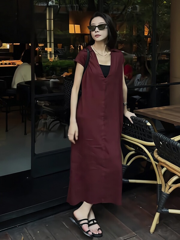 French-Style Slit Design Short-Sleeved Dress for Women, New Summer Style, Simple Loose Straight Mid-Length Skirt
