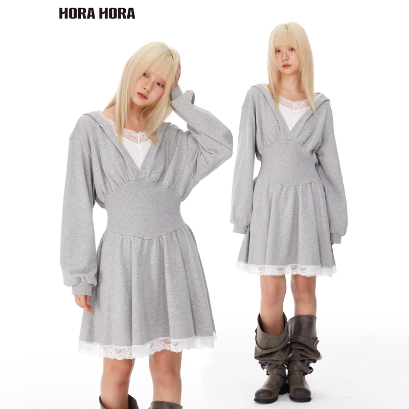 Horahora Retro Girl Gray Lace Collar Fake Two-Piece Casual Waist-Cinching Long-Sleeved Hooded Sweatshirt Dress Horahora Retro Girl Gray Lace Collar Fake Two-Piece Casual Waist-Cinching Long-Sleeved Hooded Sweatshirt Dress