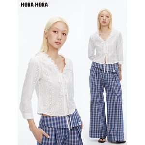 Ibabeee Same Style Horahora Three-Quarter Sleeve Hollow Embroidered Petal Collar Bow Tie Pure White Shirt