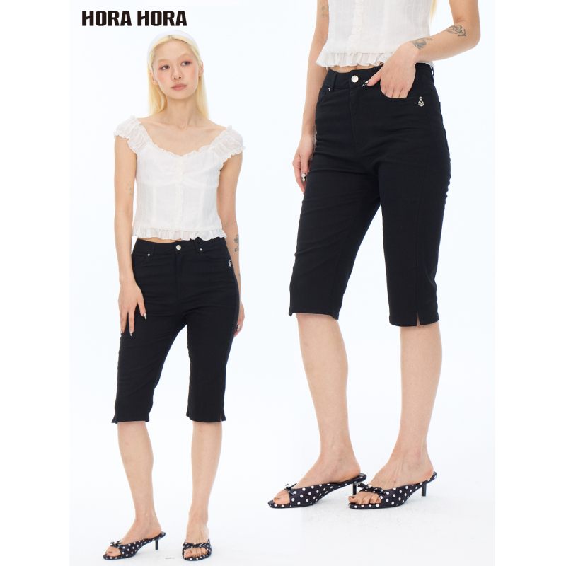 Horahora Minimalist Versatile Slimming Black Split Hem Capri Cycling Pants Tight-Fitting Mid-Length Jeans