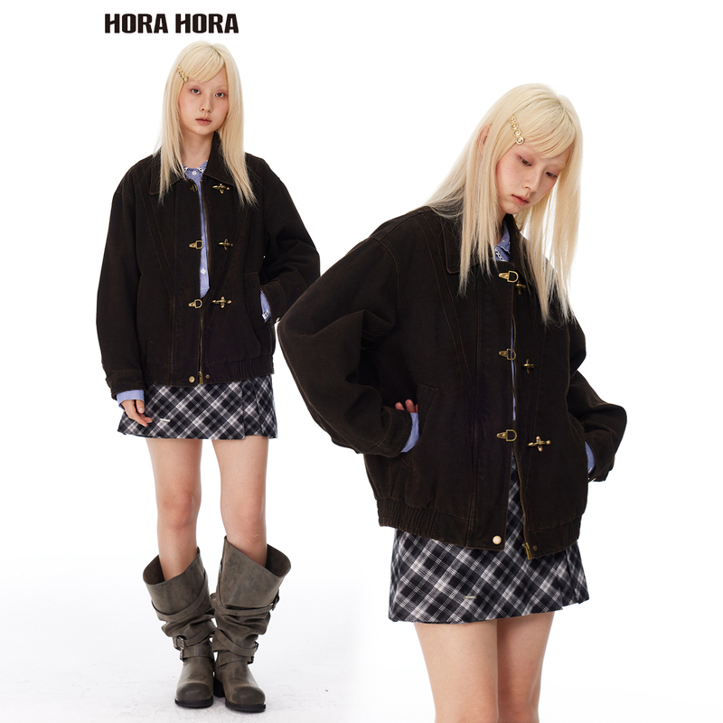 Horahora Retro 100% Cotton Chocolate Dark Brown Lapel Airplane Buckle Cocoon-Shaped Loose Washed Jacket