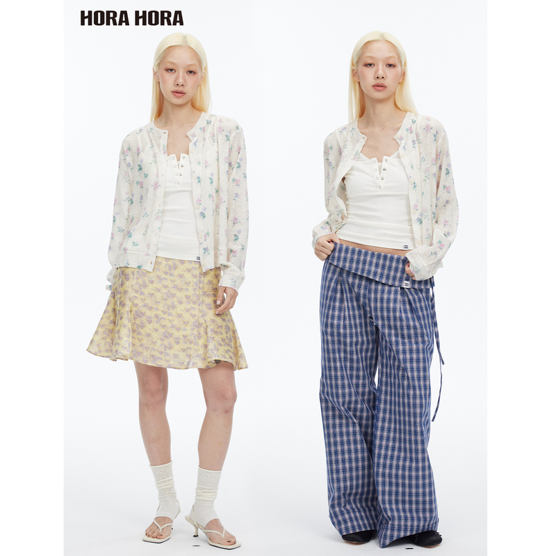 Zheng Hehui's Same Style Horahora Apricot Linen Gradient Watercolor Rose Print Floral Pattern Knit Cardigan