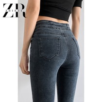 High waist double buckle jeans womens 2021 autumn new thin and high wild pants tight pencil pants gray