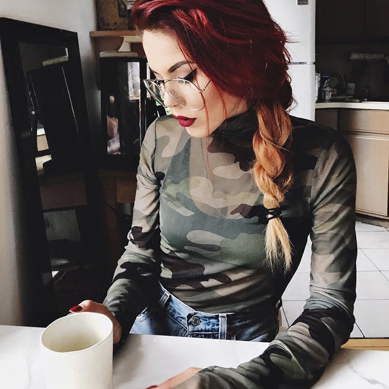 Brand Discount Store Clearance Sale Authentic Women's Camouflage Round Neck Sexy Mesh Long Sleeve Slim Fit Sexy T-Shirt Trendy