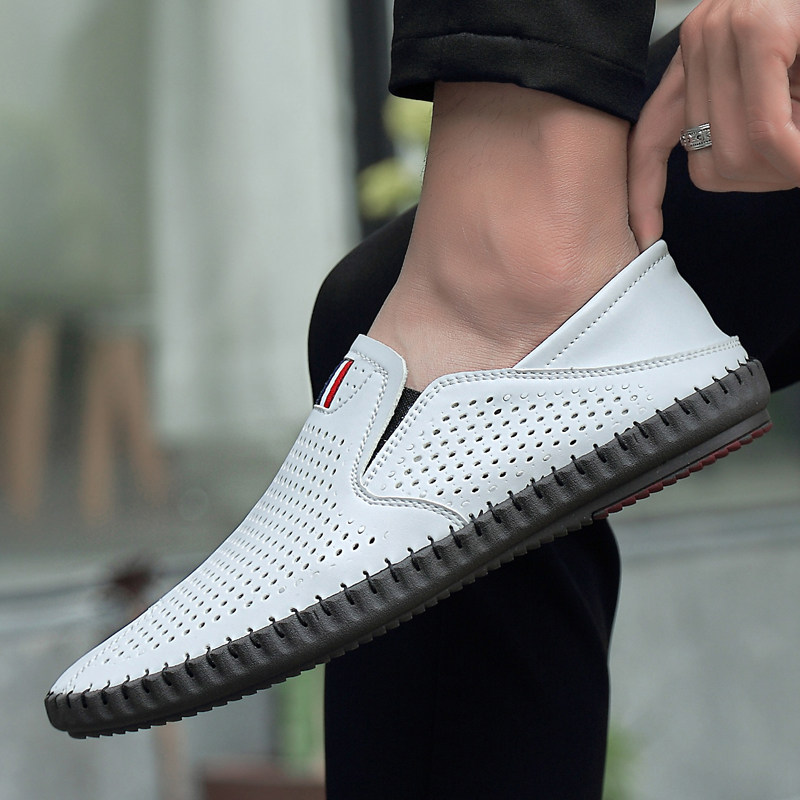 Summer hollow white leather shoes men's loafer shoes British handmade sailing shoes Korean version of soft bottom soft leather beanie shoes men