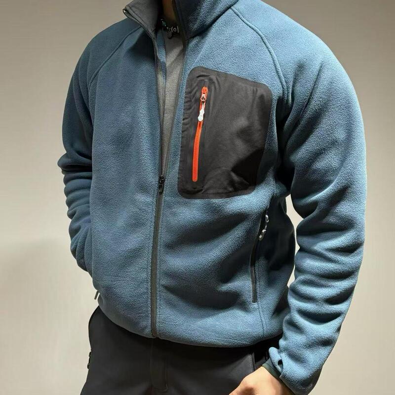 Sos Double-Sided Fleece Stand-Up Collar Cardigan for Autumn and Winter, Soft and Warm, Slightly Stretchy, with Laminated Rubber Pockets, Versatile Jacket