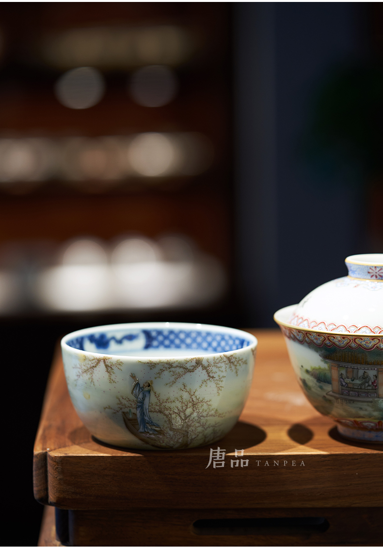 Pastel blue glasses full moon teacup, poetic masters cup tuba li bai bowl of jingdezhen ceramic tea set